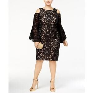 Xscape Lace Cold Shoulder Bell Sleeve Dress Black 16W